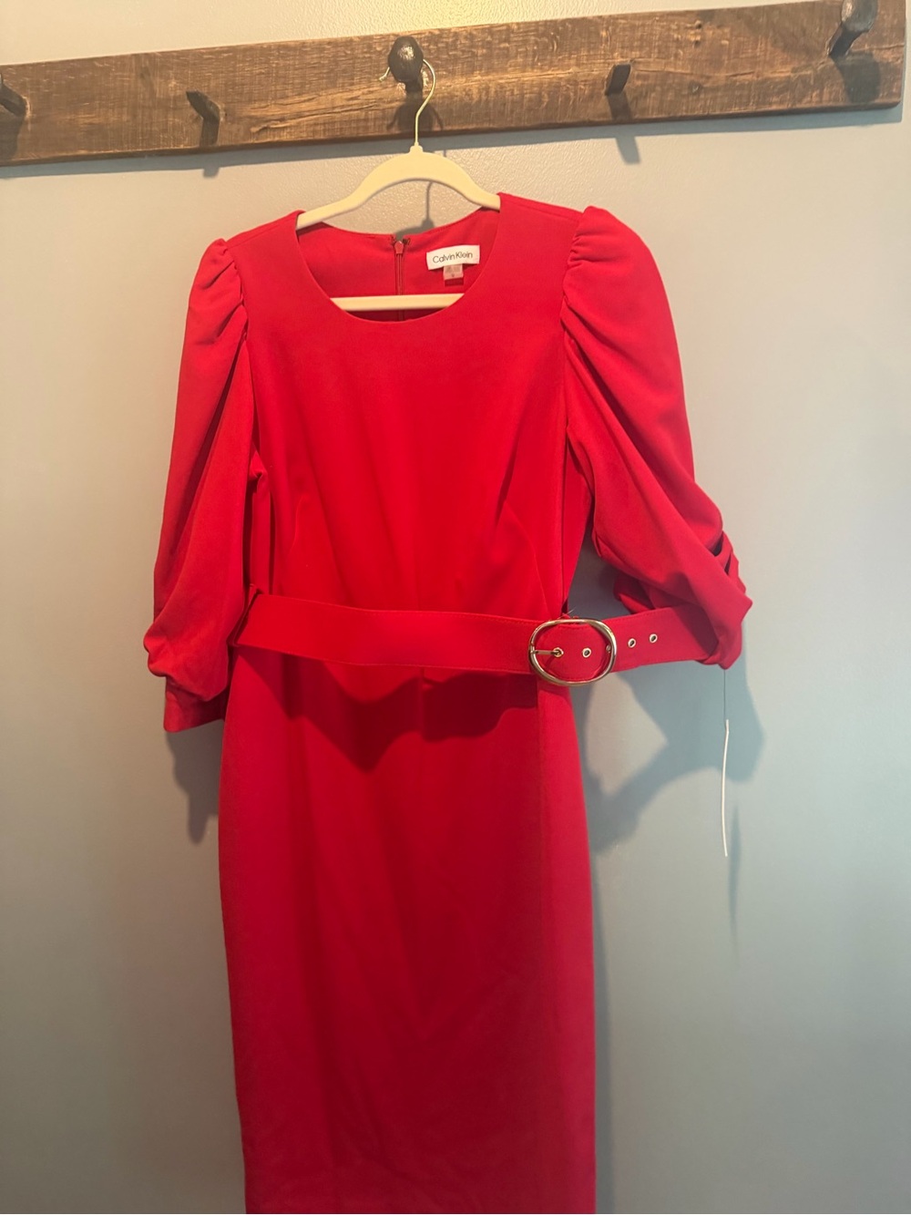 Calvin Klein Red Puff-Sleeve Belted Sheath Dress